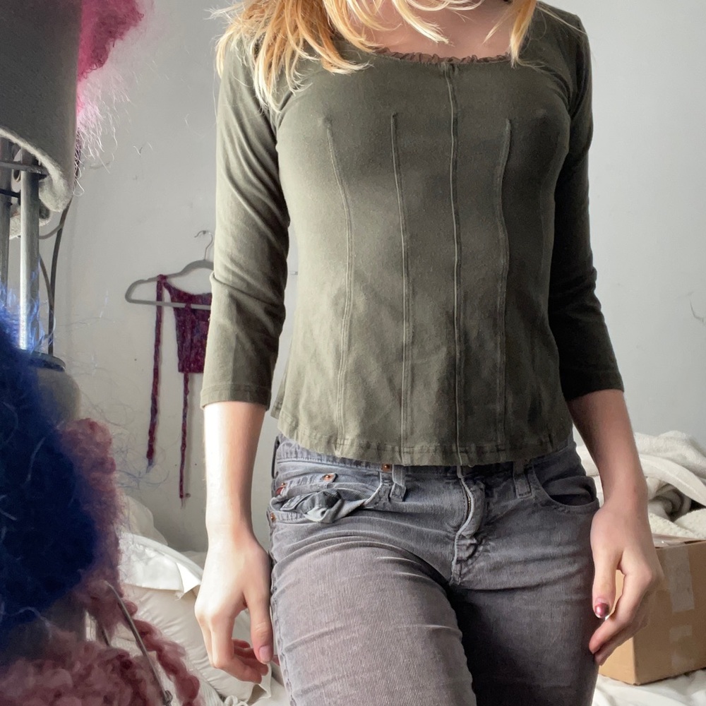 Cottage core green lace trim quarter sleeve